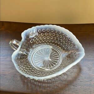 Vintage Fenton Moonstone Opalescent Hobnail Heart Shaped Crimped Candy Dish